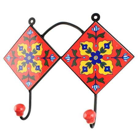 Red With Yellow Flower Ceramic Tile Hook